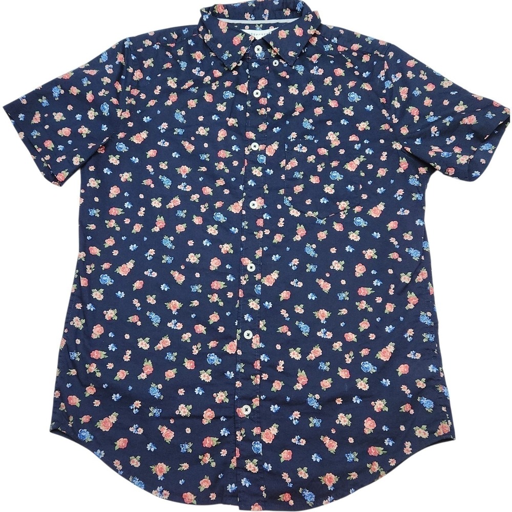 Aeropostale Shirt Sz S Navy Blue Floral Short Sleeve Button Down‎ Casual Cotton